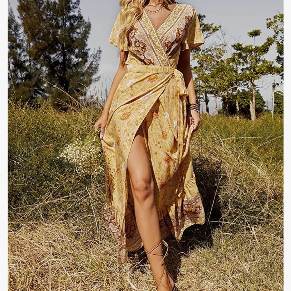 ZESICA Bohemian Floral Printed Wrap Short Sleeve Split Beach Party Maxi Dress